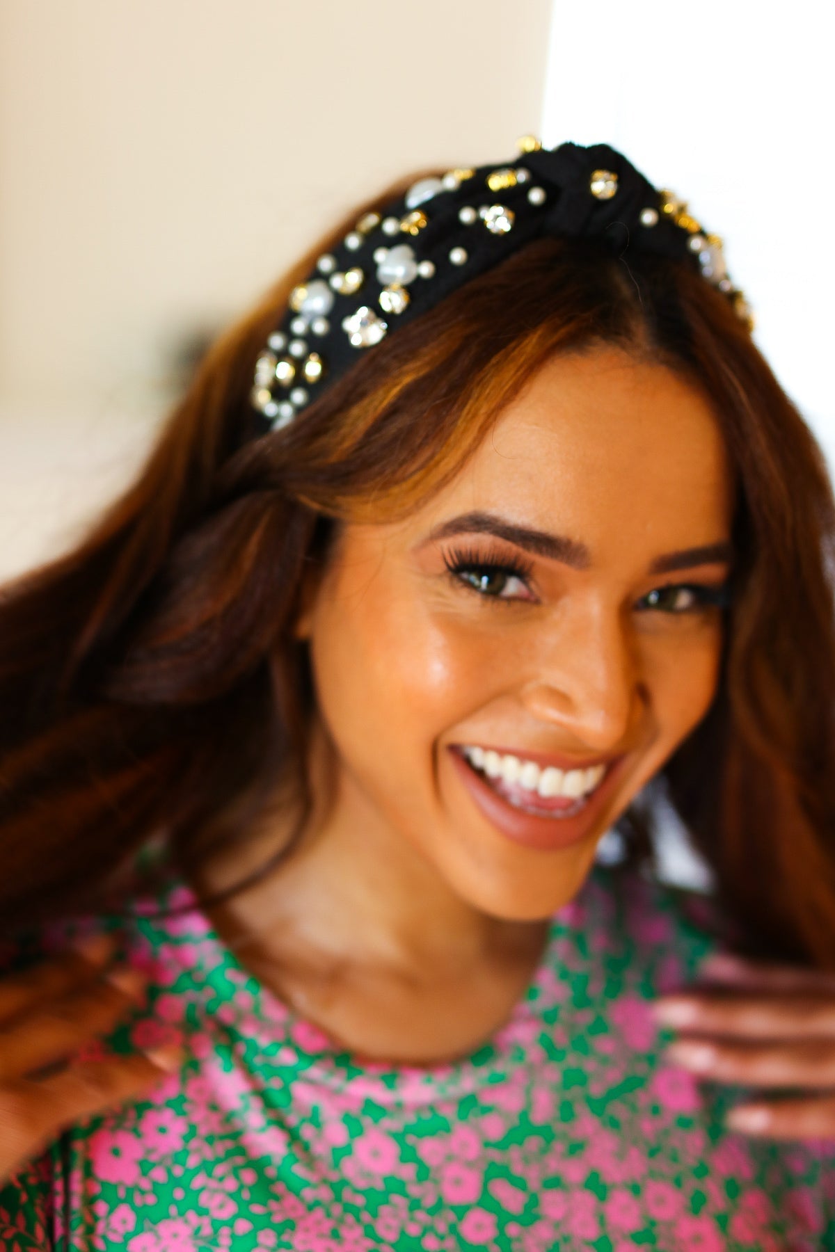 Black Heart Pearl & Jewel Knot Knit Headband