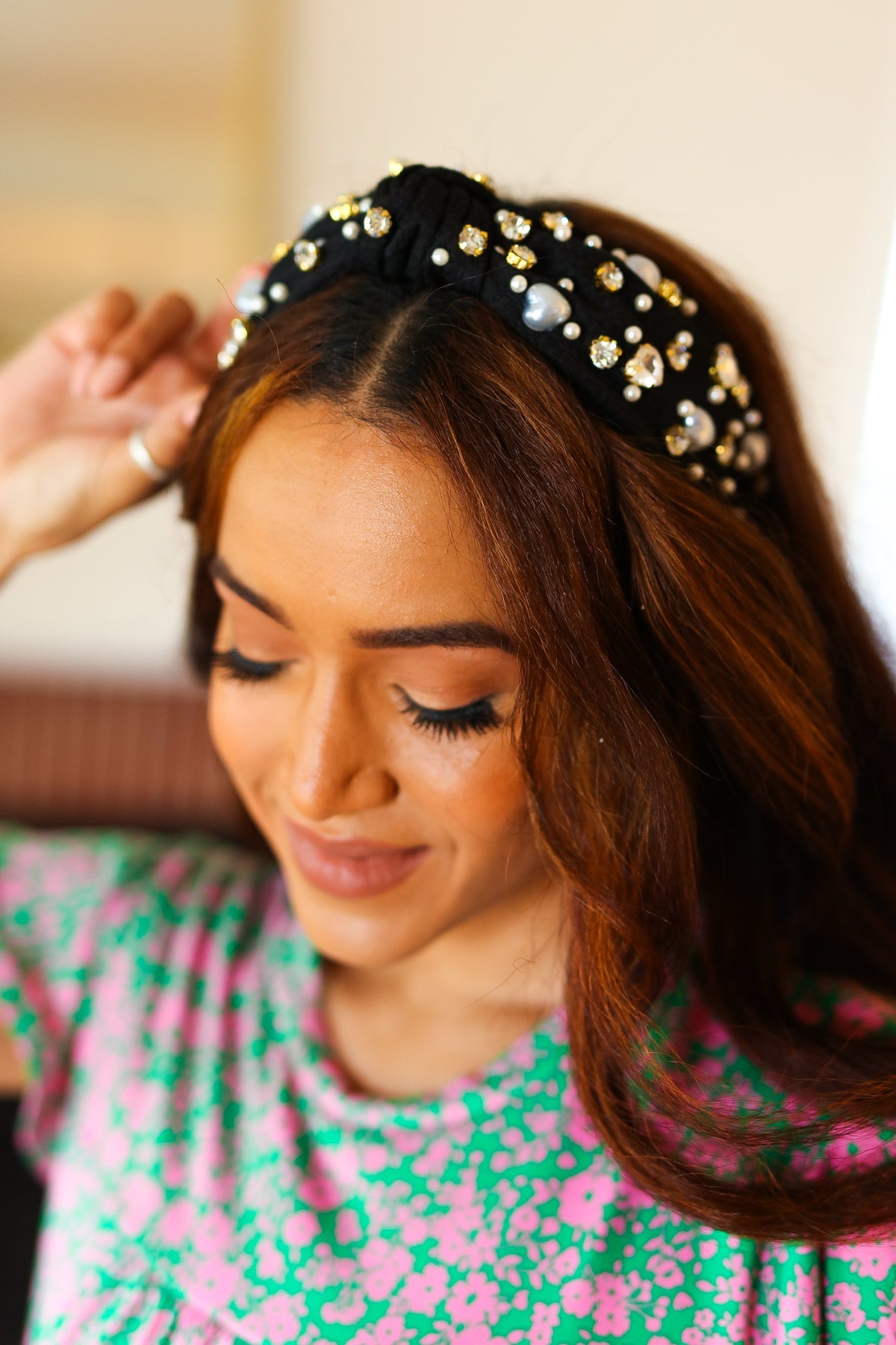 Black Heart Pearl & Jewel Knot Knit Headband