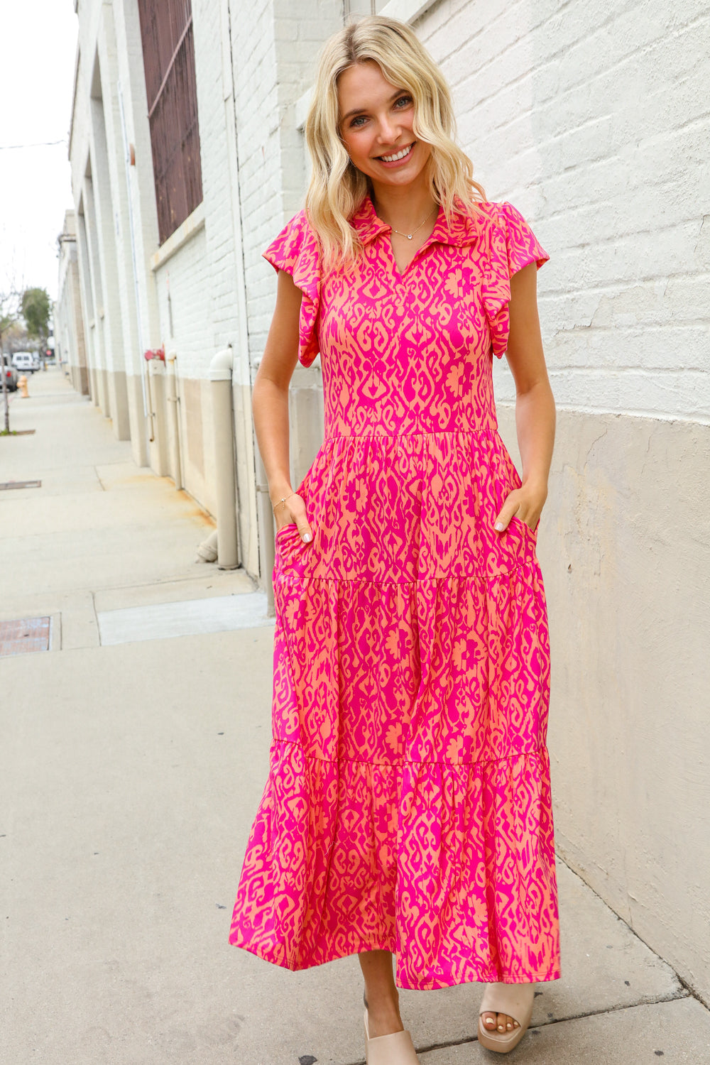 Find Love Fuchsia & Coral Boho Print Flutter Sleeve Dress