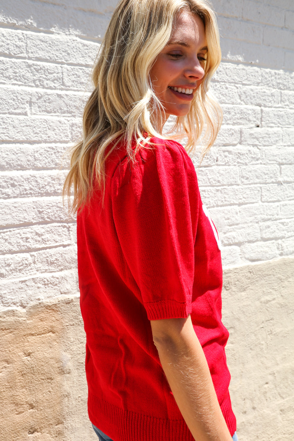 Patriotic USA Red Knit Embroidery Puff Sleeve Sweater Top