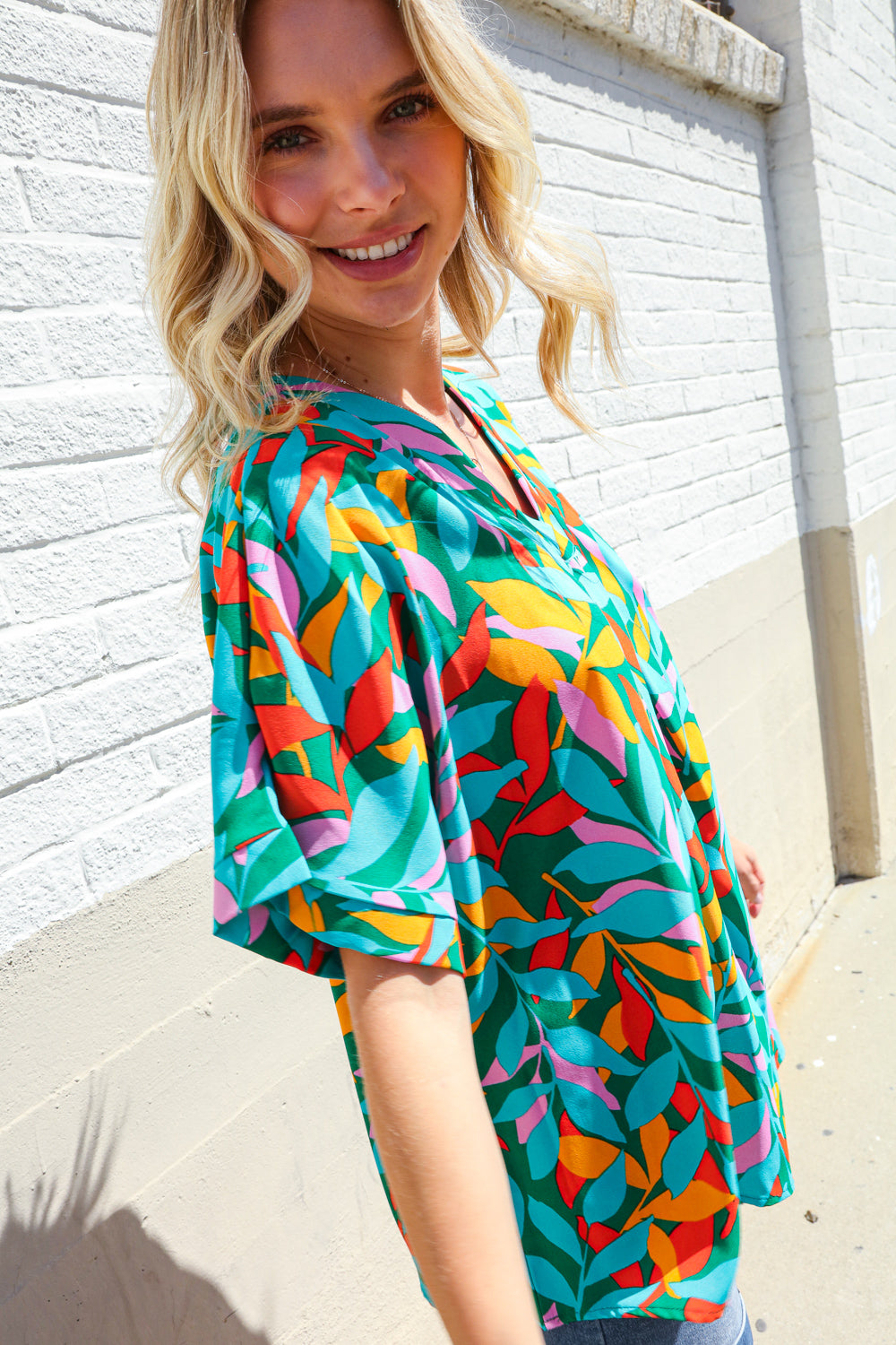 Vacay Ready Green Tropical Floral Banded V Neck Dolman Top