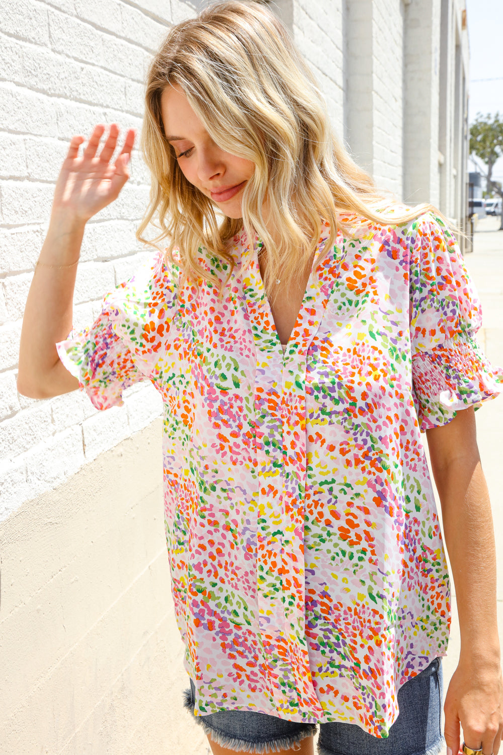 Beautiful You Ivory Notched Neck Floral Smocked Sleeve Top