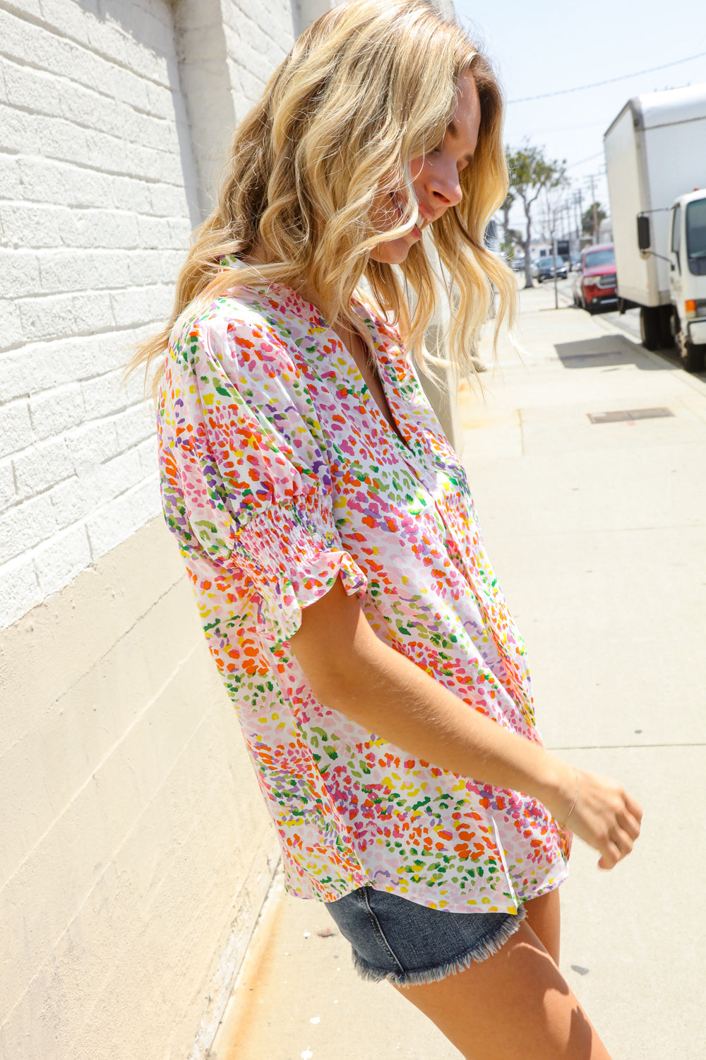 Beautiful You Ivory Notched Neck Floral Smocked Sleeve Top