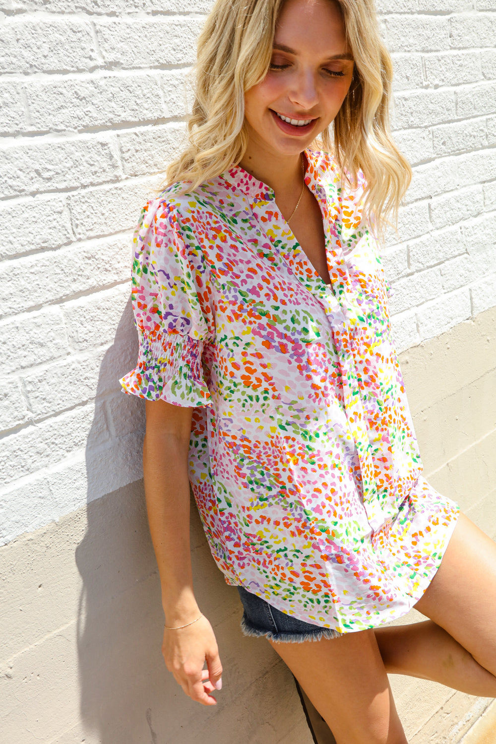 Beautiful You Ivory Notched Neck Floral Smocked Sleeve Top