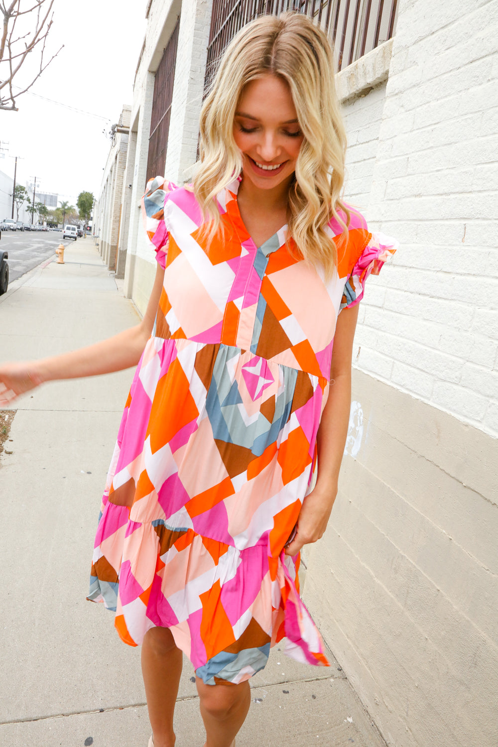 You Got This Multicolor Abstract Print Frill Notch Neck Tiered Dress