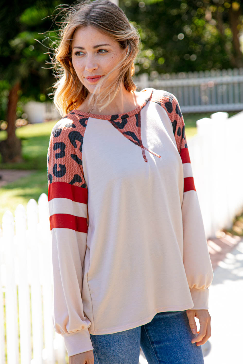 Cream Leopard Print Cross Stitch Game Day Top