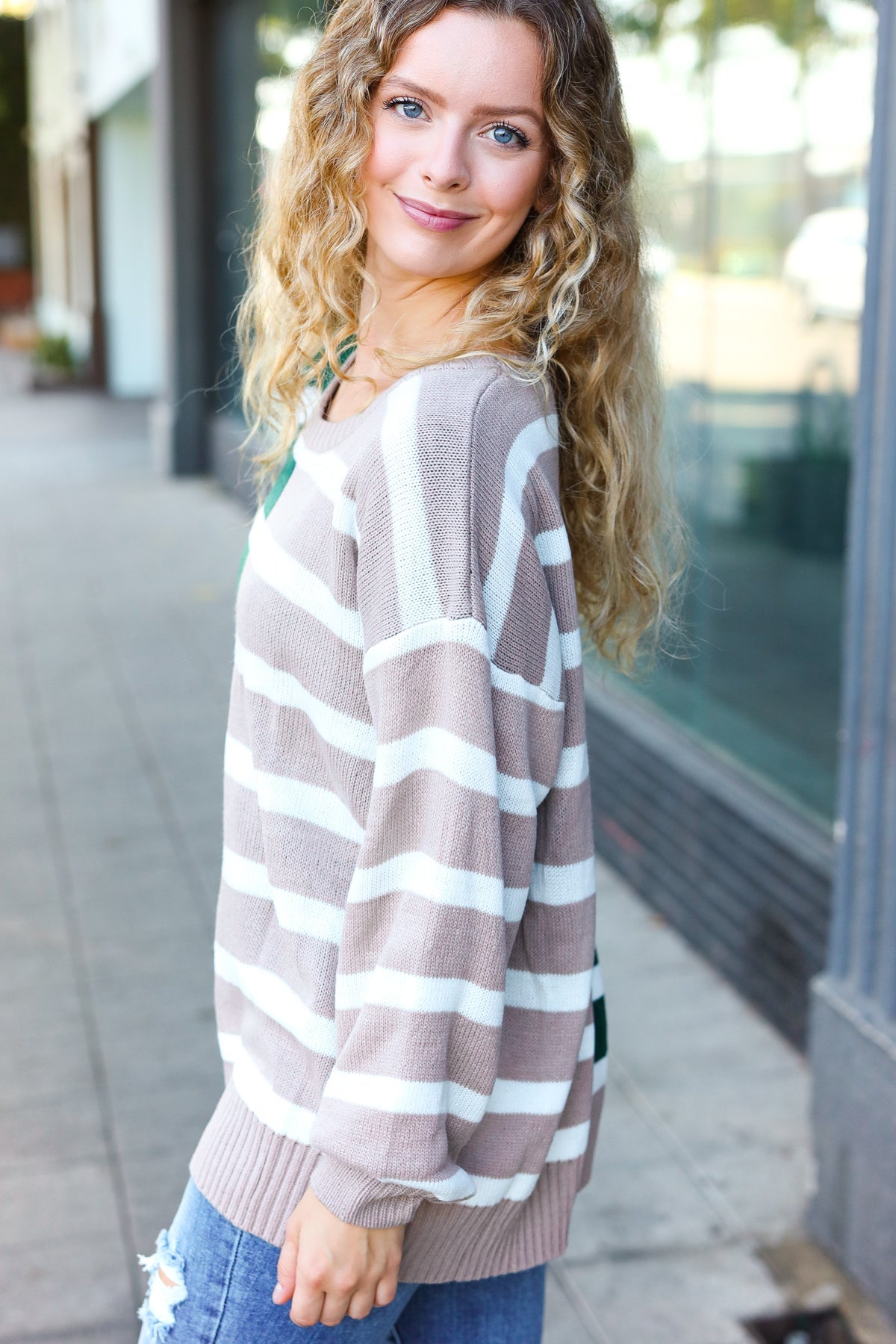 Hunter Green & Taupe Striped Color Block Sweater