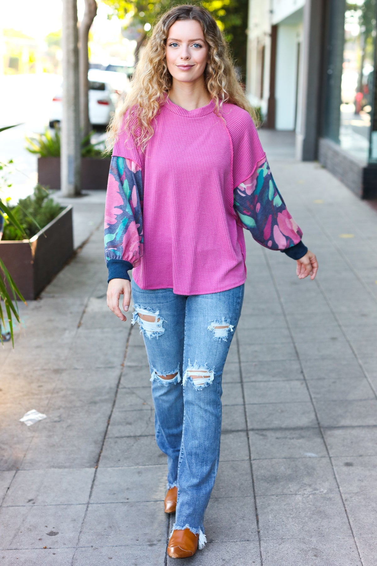 Weekend Ready Magenta & Navy Floral Mineral Wash Rib Dolman Top