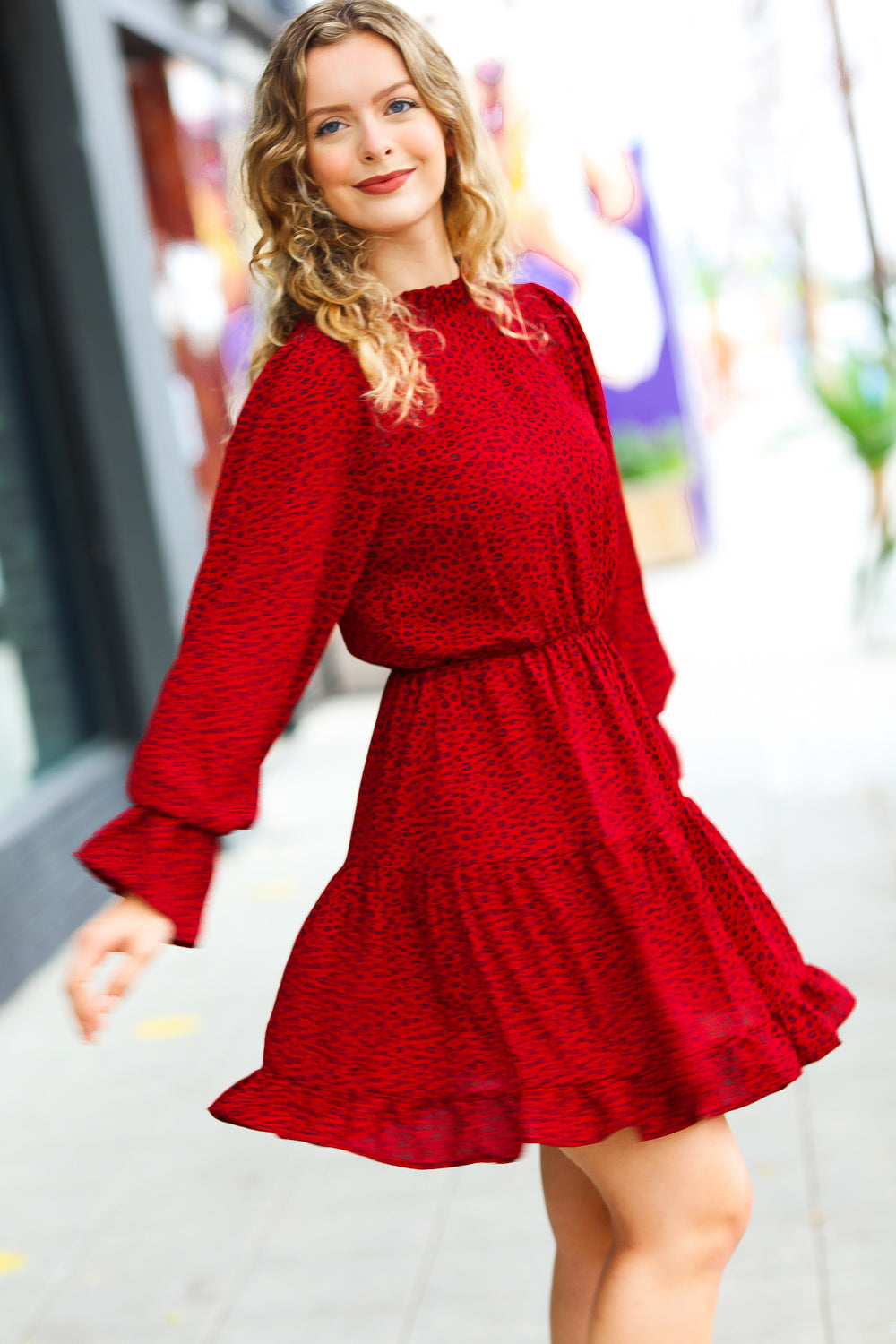 Simply Merry Burnt Red Animal Print Mock Neck Tiered Dress