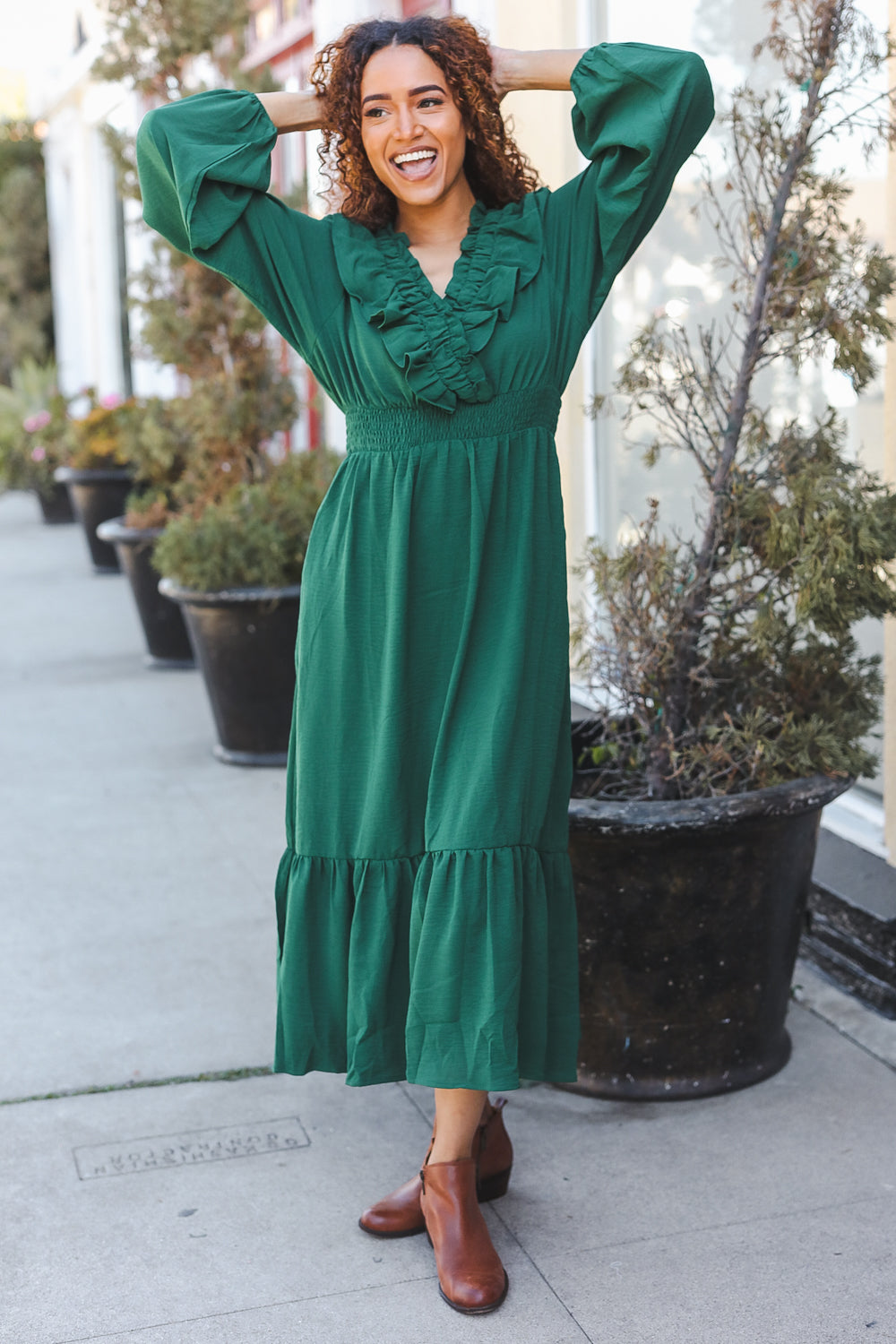 Beautiful You Holiday Green Overlap Ruffle V Neck Midi Dress