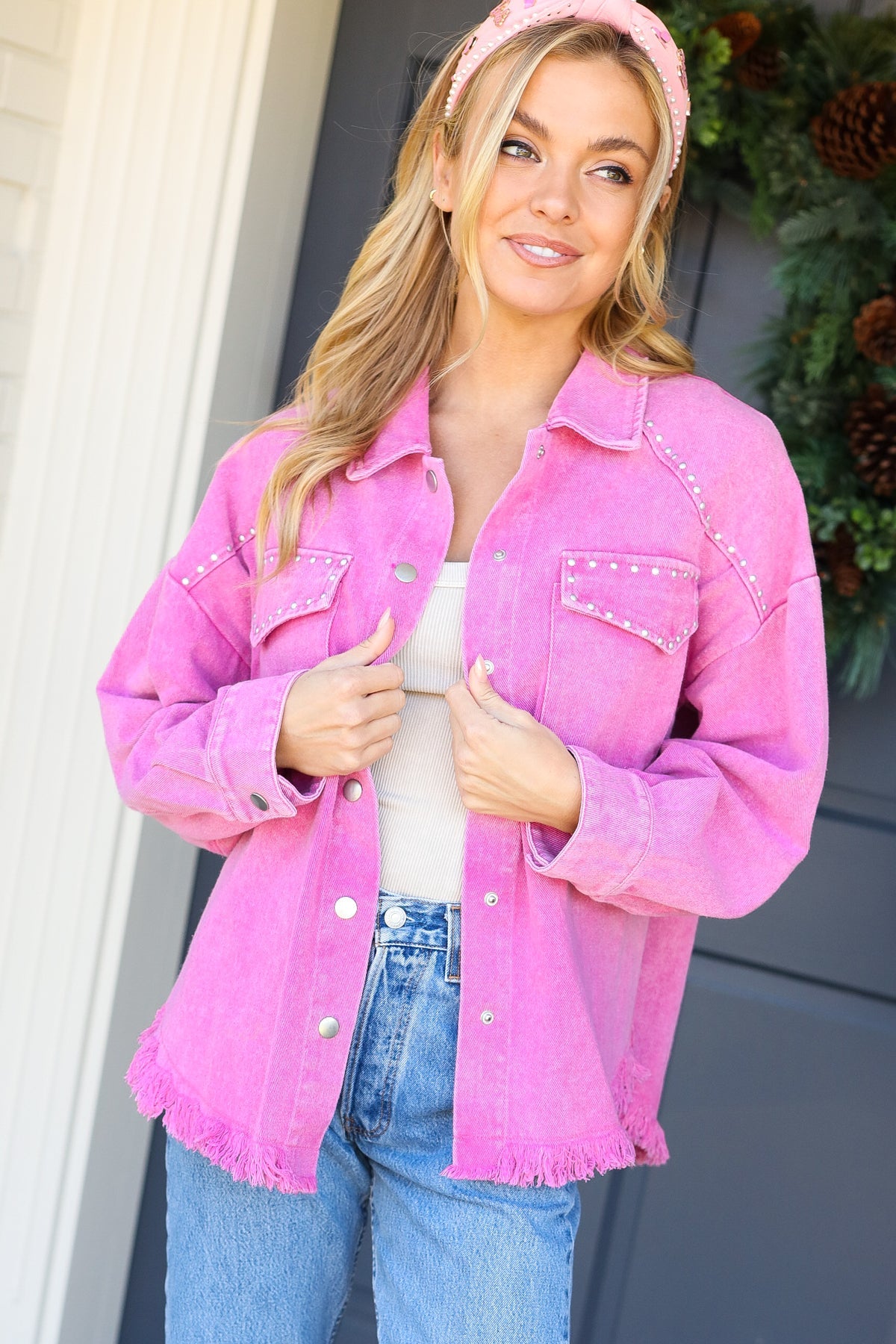 Diva Dreams Pink Acid Wash Stud Detail Denim Jacket