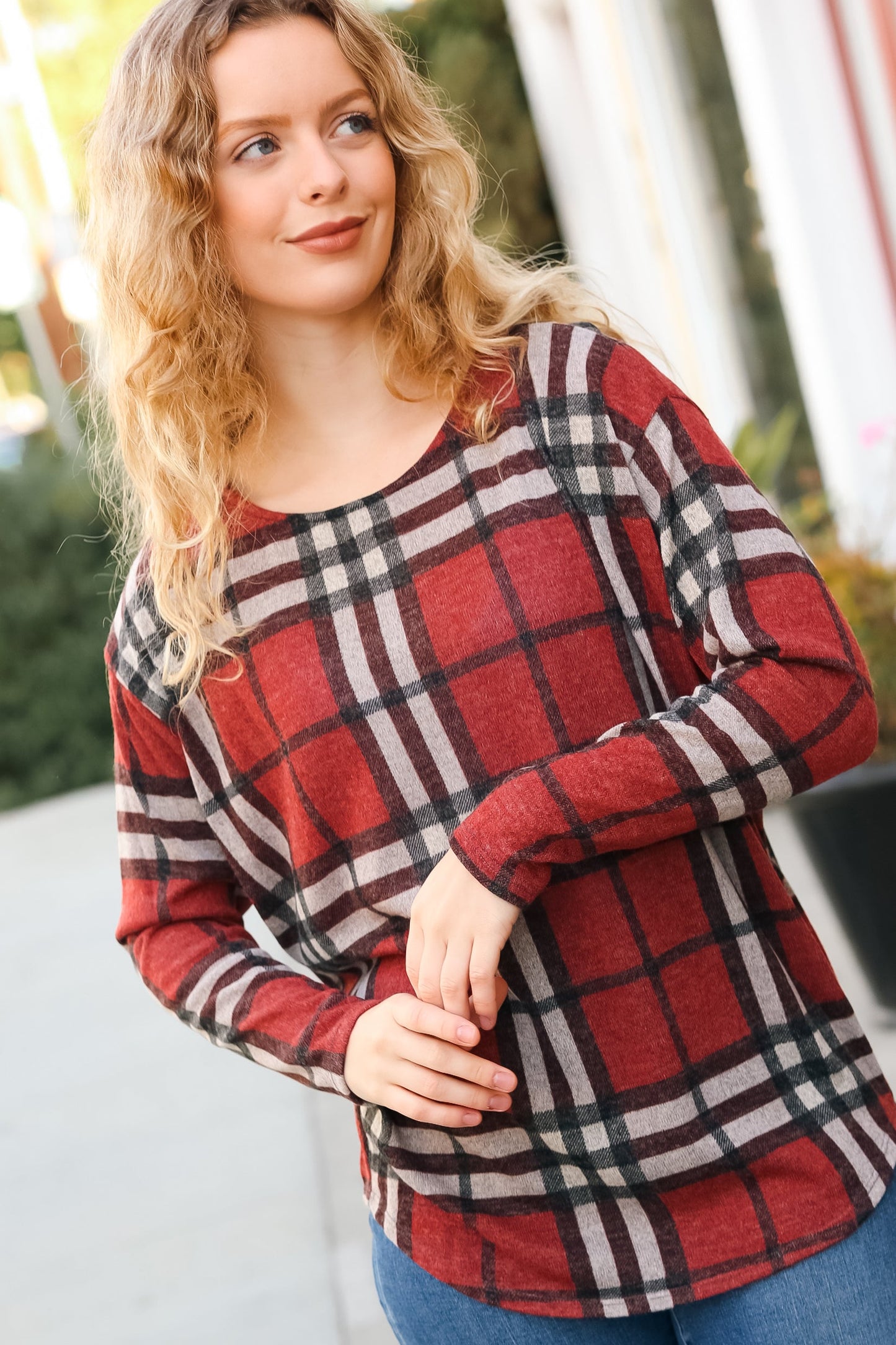 Perfectly You Red Plaid Boat Neck Long Sleeve Top