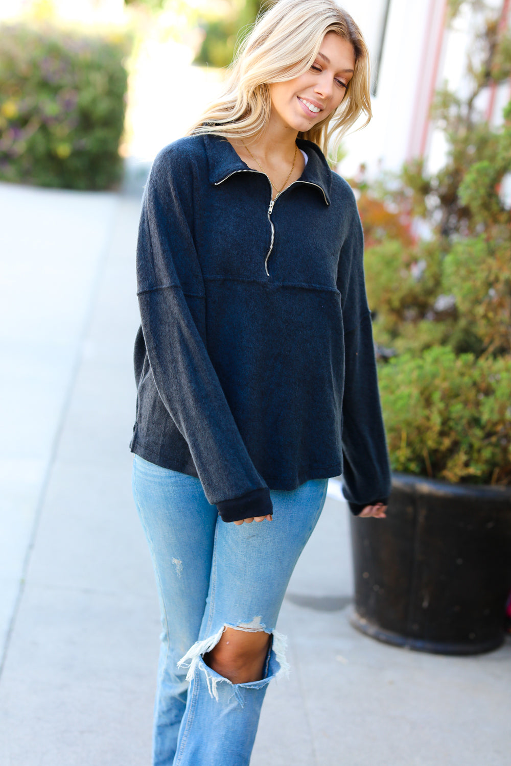 Charcoal Half Zip Hacci Pullover Sweater