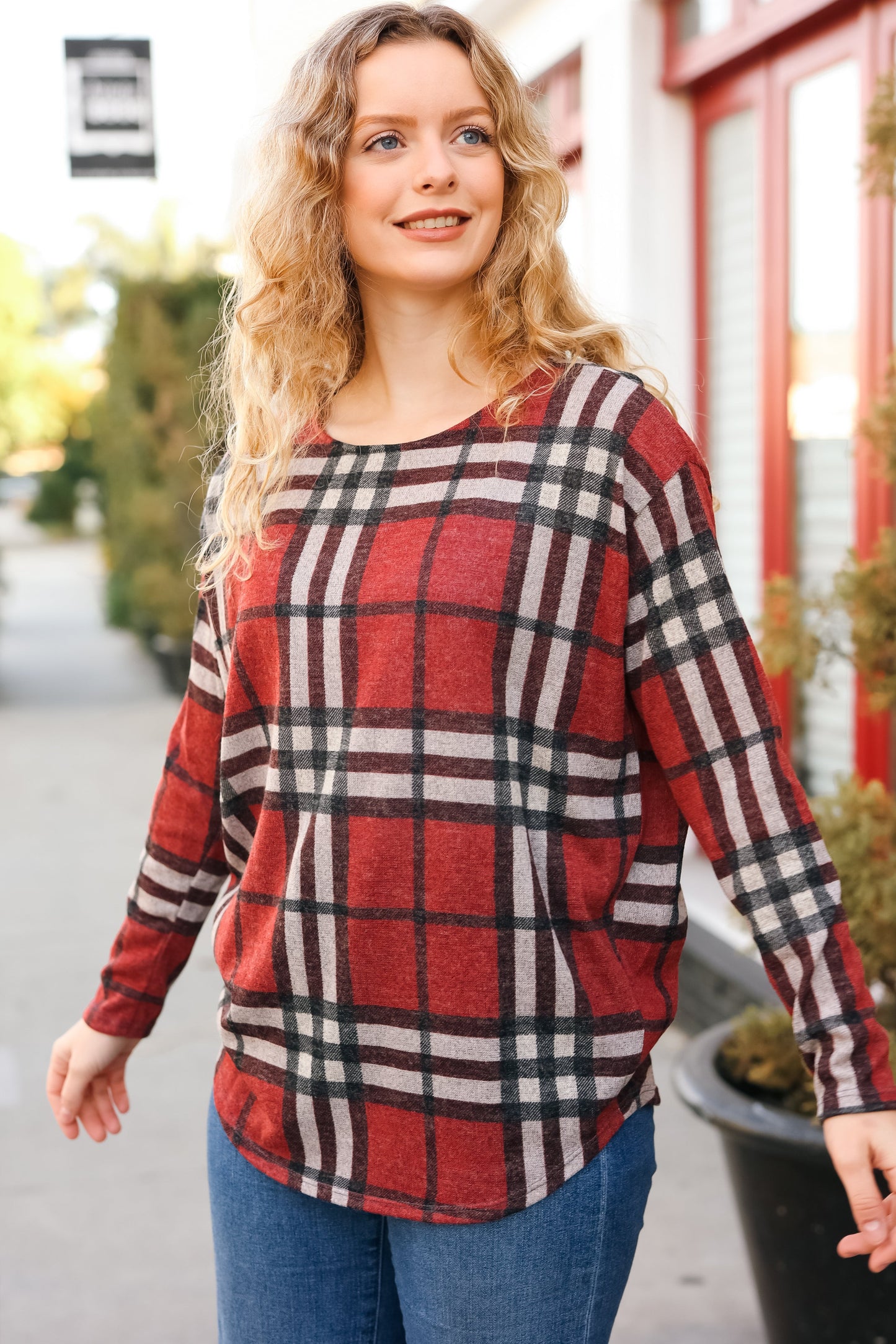 Perfectly You Red Plaid Boat Neck Long Sleeve Top