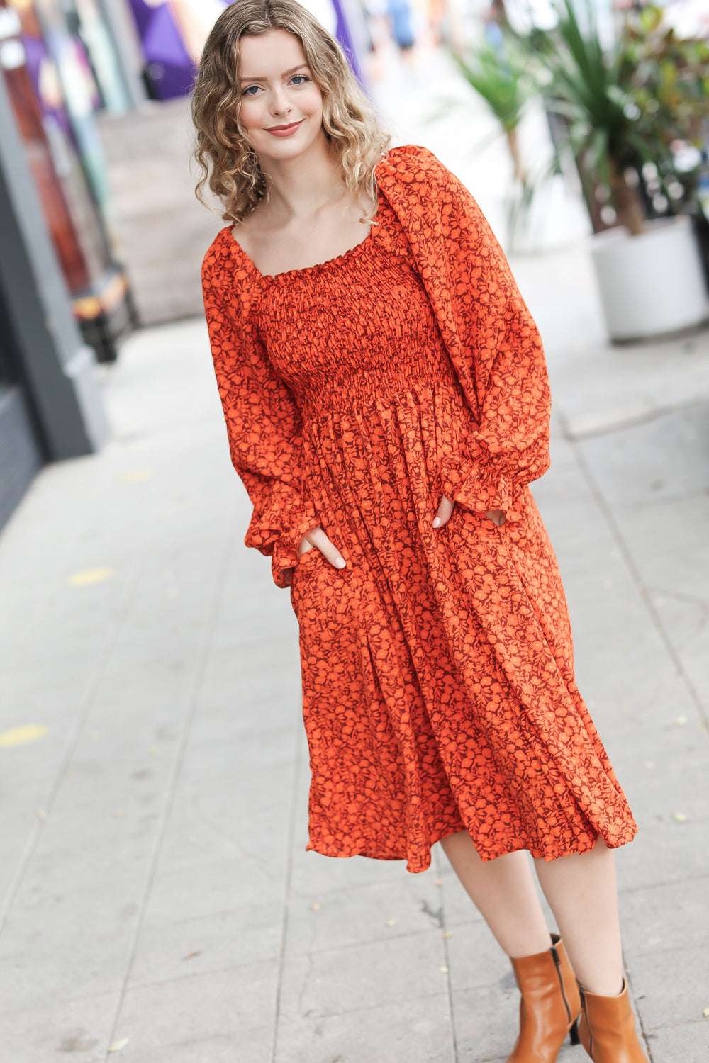 Keep You Close Rust Smocking Ditsy Floral Woven Dress