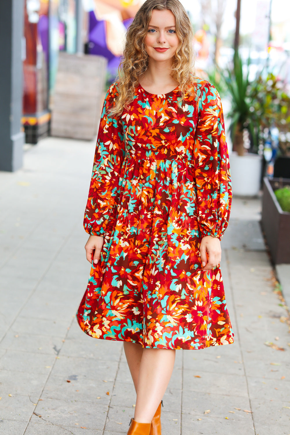 Burgundy & Jade Floral Print Midi Dress