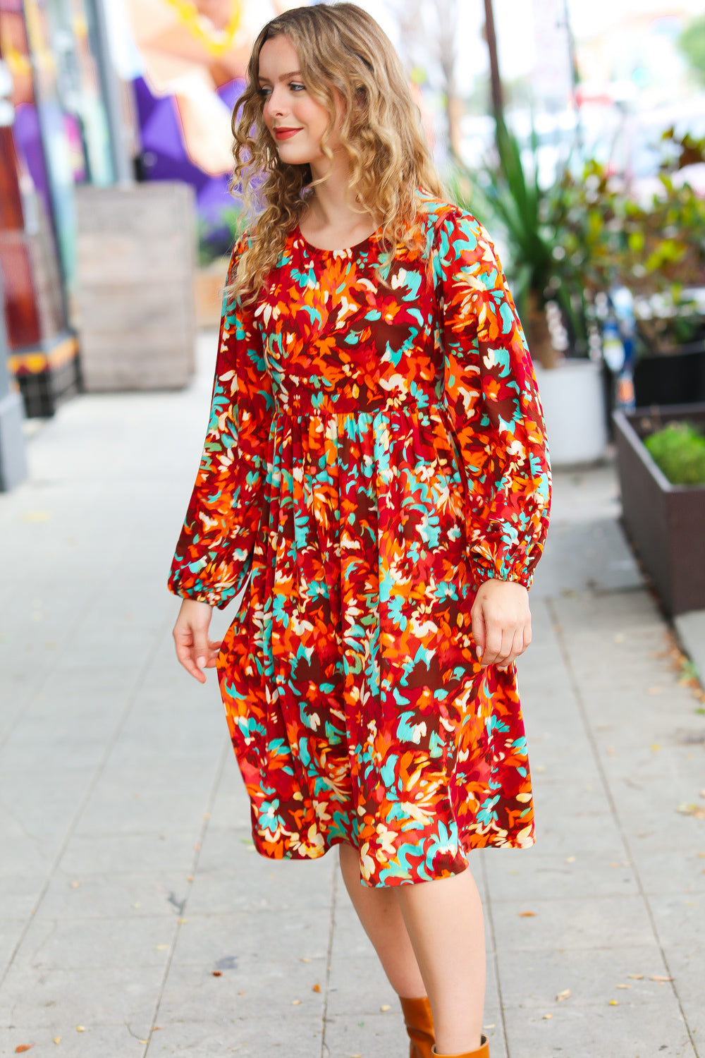 Burgundy & Jade Floral Print Midi Dress