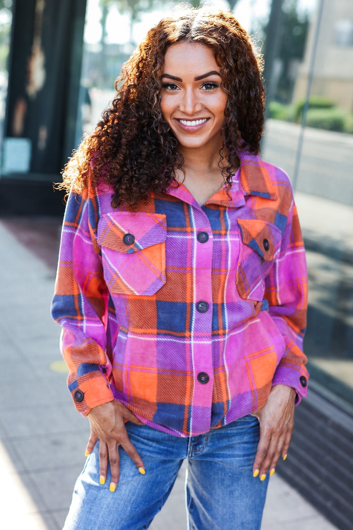 Stand Out Magenta & Orange Plaid Fleece Collared Shacket