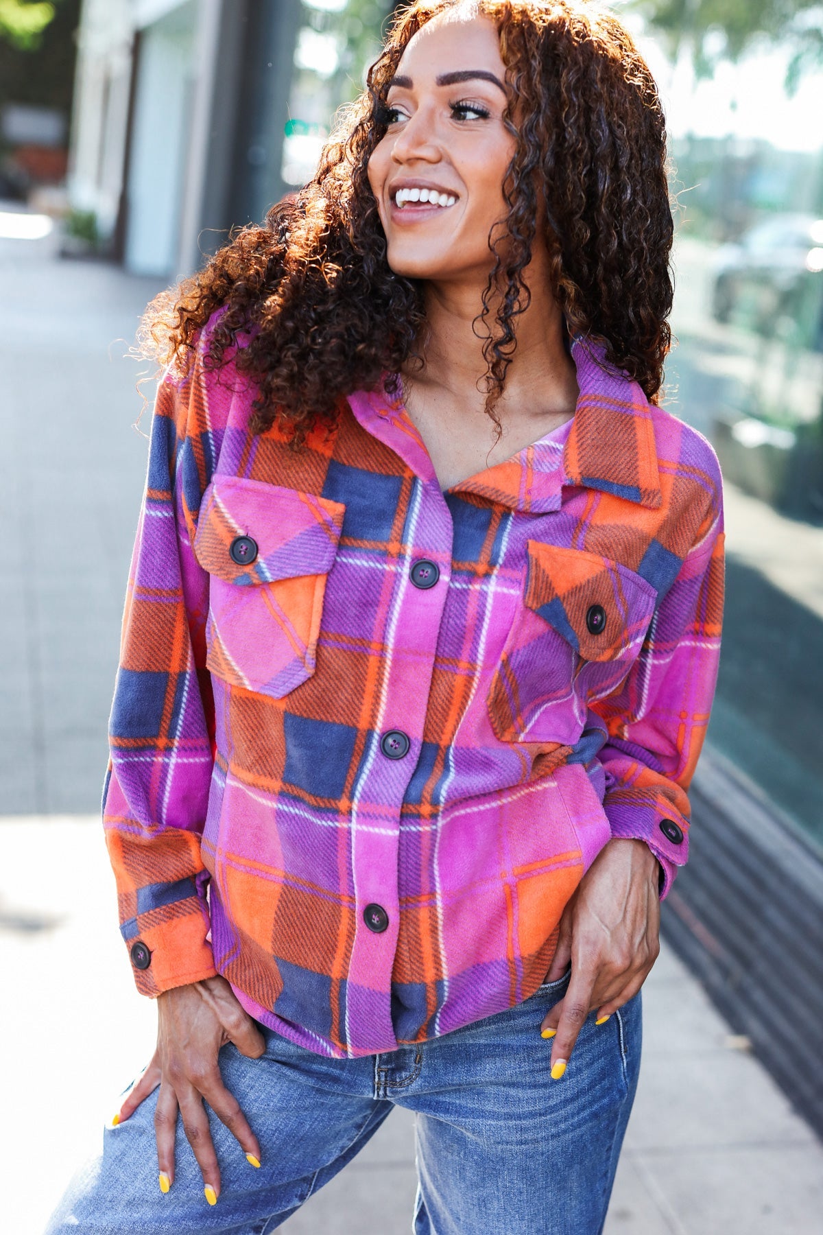 Stand Out Magenta & Orange Plaid Fleece Collared Shacket