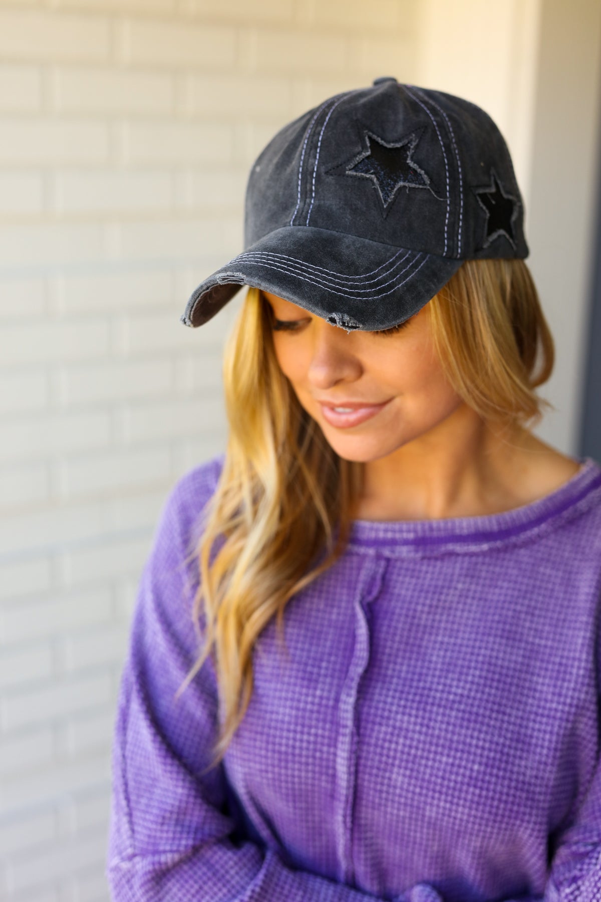 Charcoal Glitter Star Distressed Baseball Cap