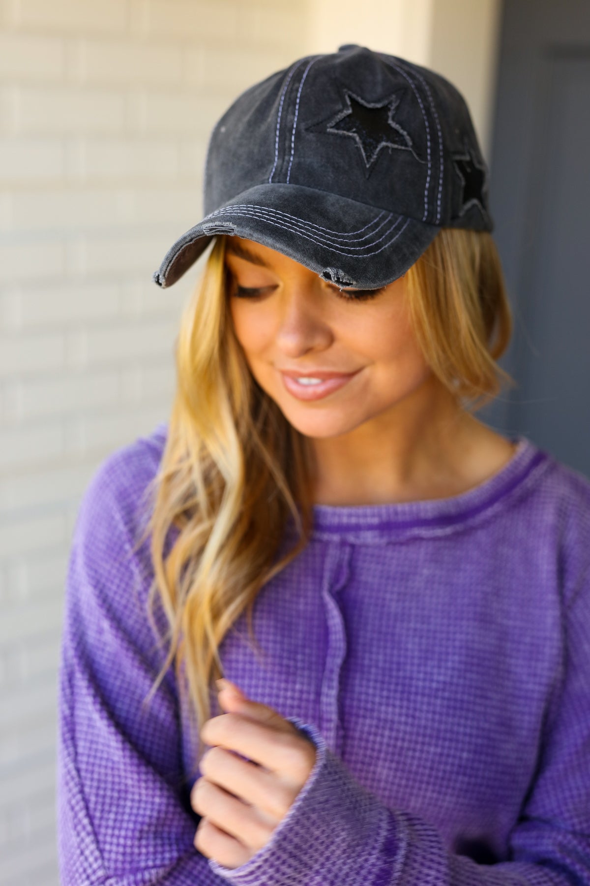 Charcoal Glitter Star Distressed Baseball Cap