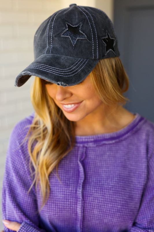 Charcoal Glitter Star Distressed Baseball Cap