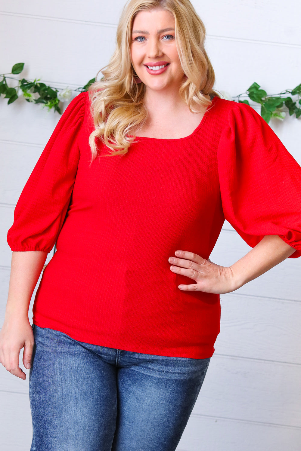 Red Crinkle Bubble Puff Sleeve Blouse