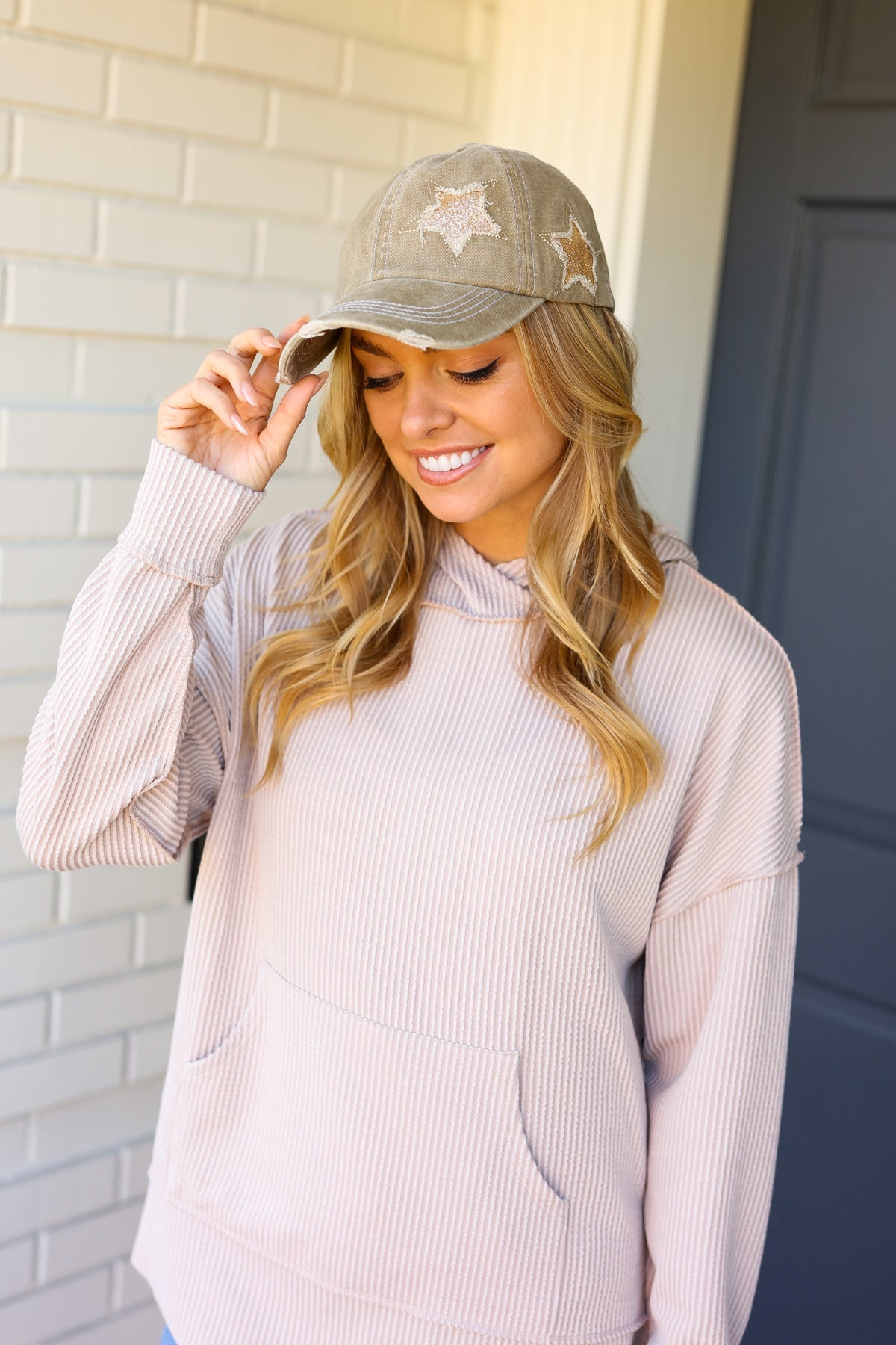 Olive Green Glitter Star Distressed Baseball Cap