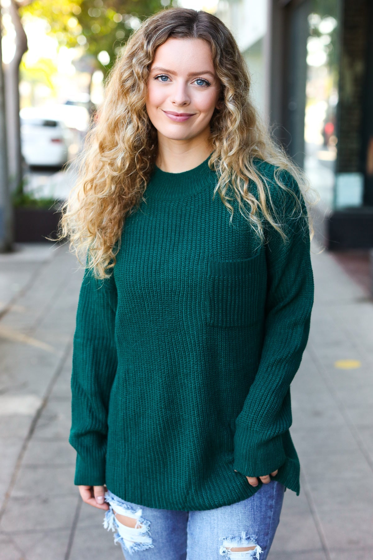 Classy Chic Hunter Green Mock Neck Chest Pocket Knit Sweater