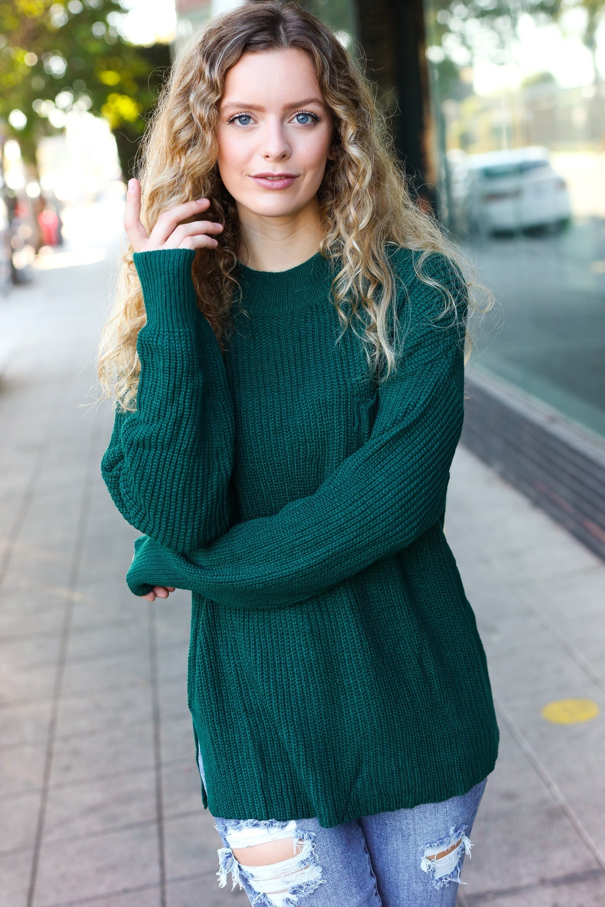 Classy Chic Hunter Green Mock Neck Chest Pocket Knit Sweater