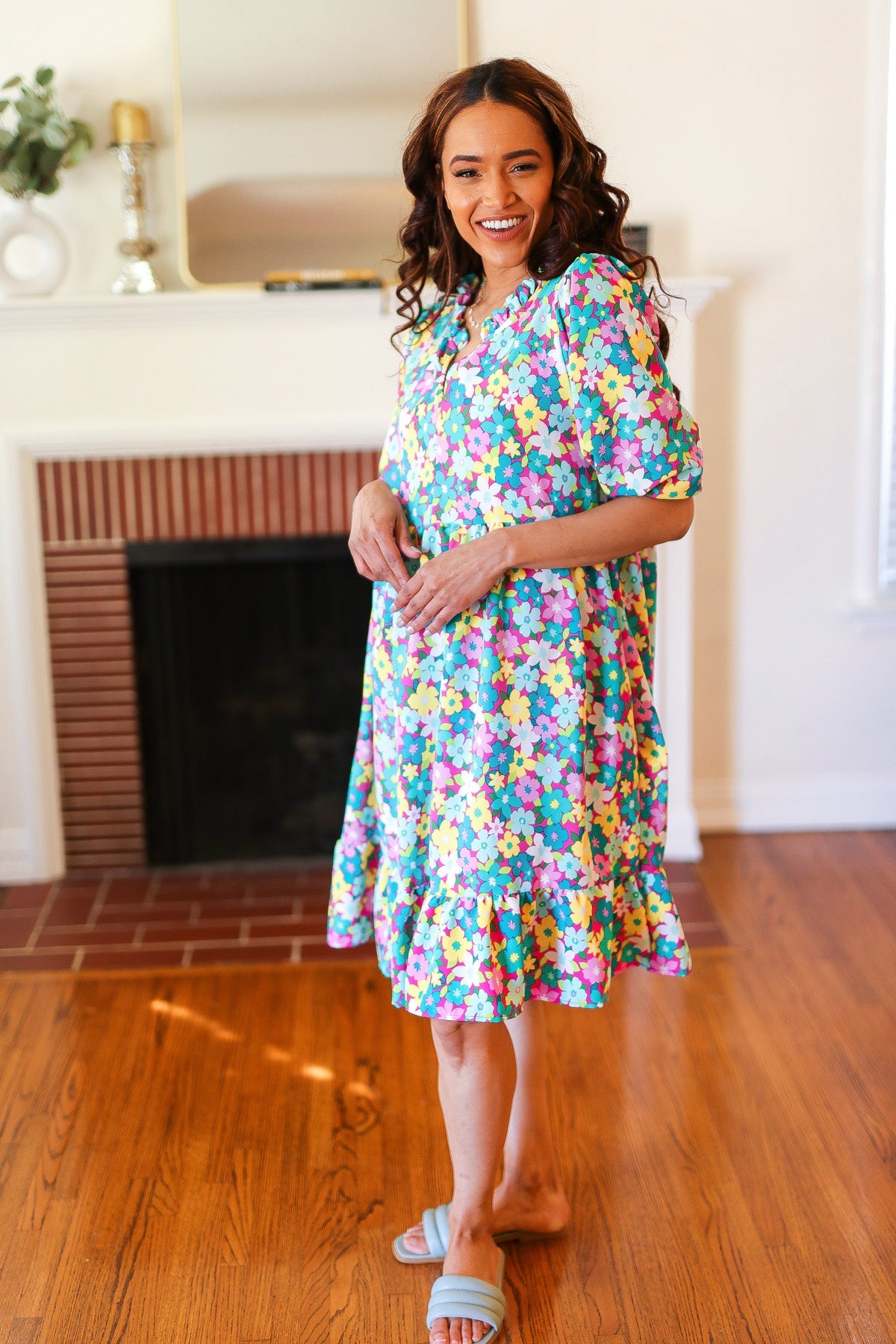 Can't Say No Mint & Fuchsia Floral Notch Neck Bubble Sleeve Dress