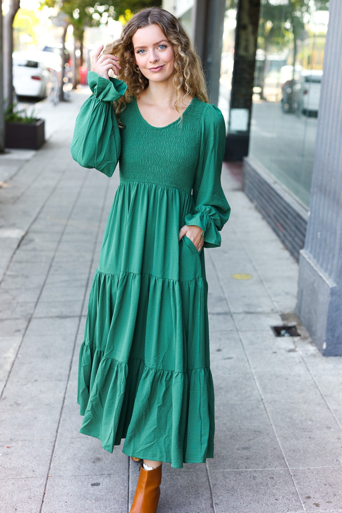 Beautiful You Green Smocked Ruffle Sleeve Maxi Dress