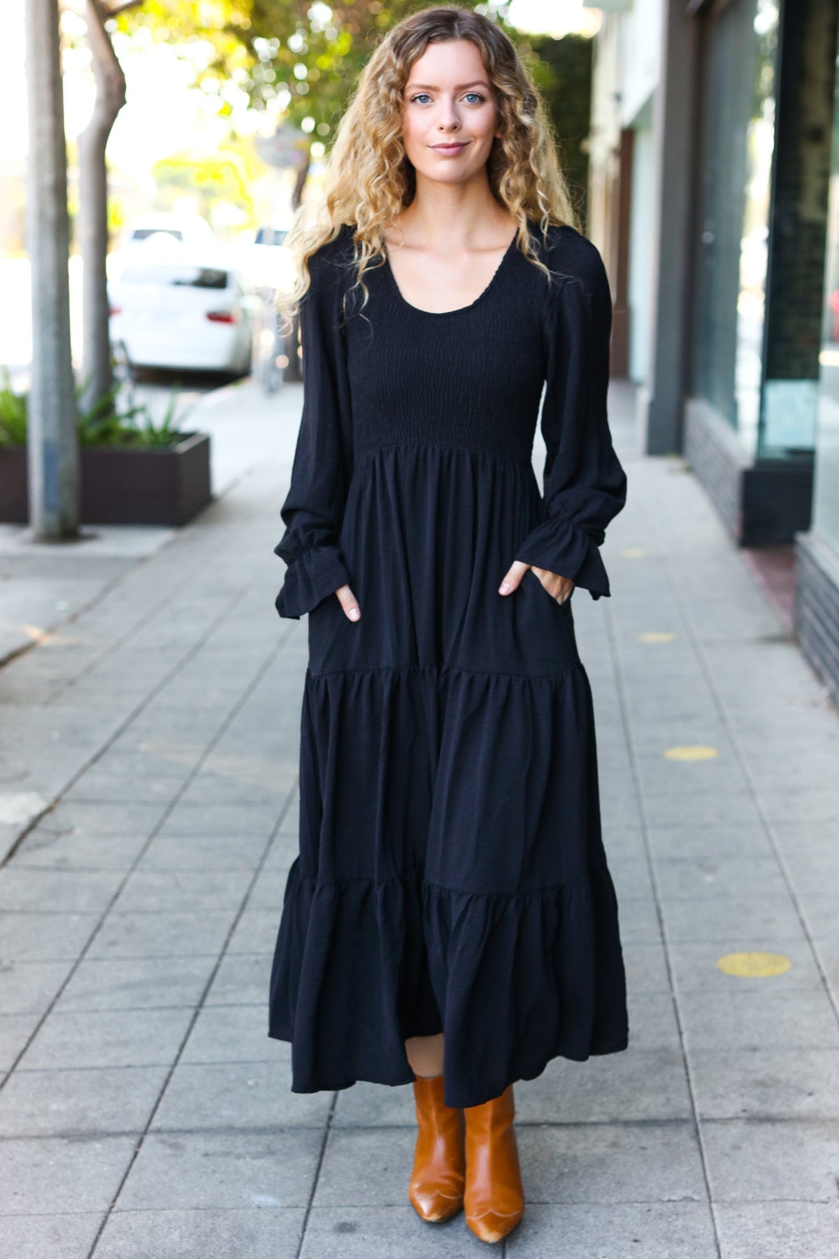 Beautiful You Black Smocked Ruffle Sleeve Maxi Dress