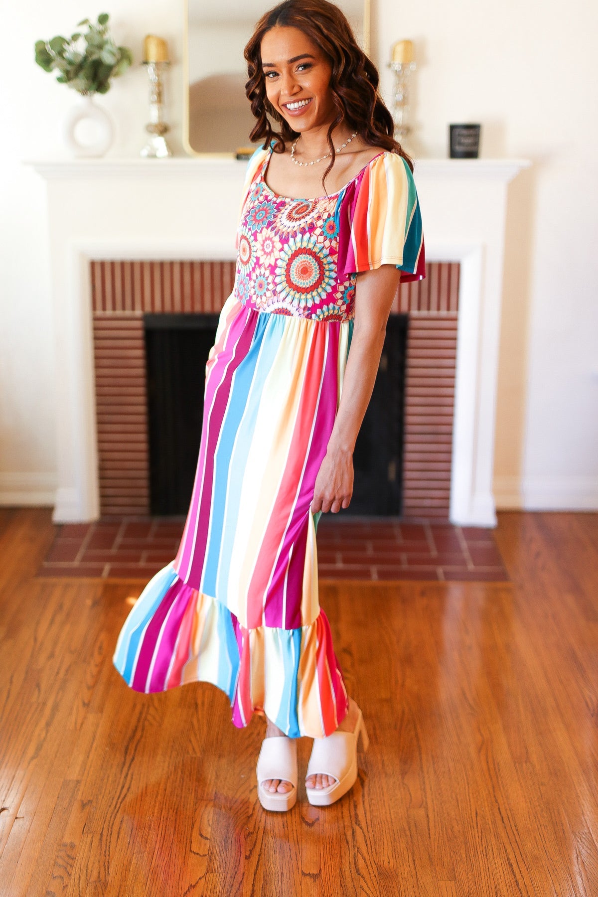 Feeling Bold Fuchsia & Teal Striped Medallion Crochet Print Dress