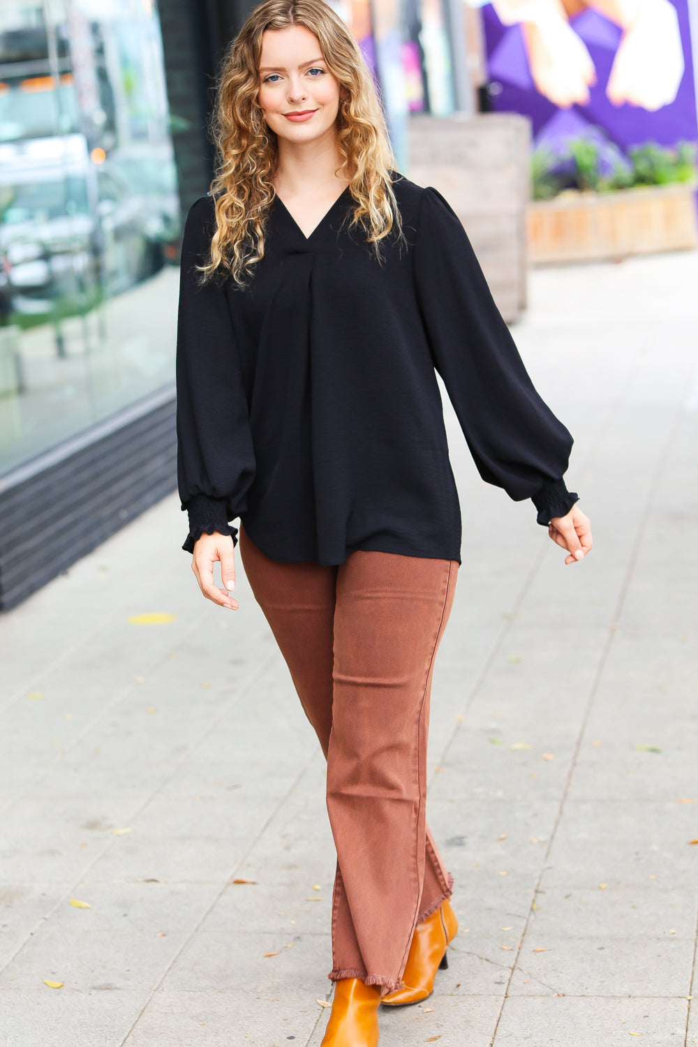 Feeling Bold Black Banded V Neck Smocked Top