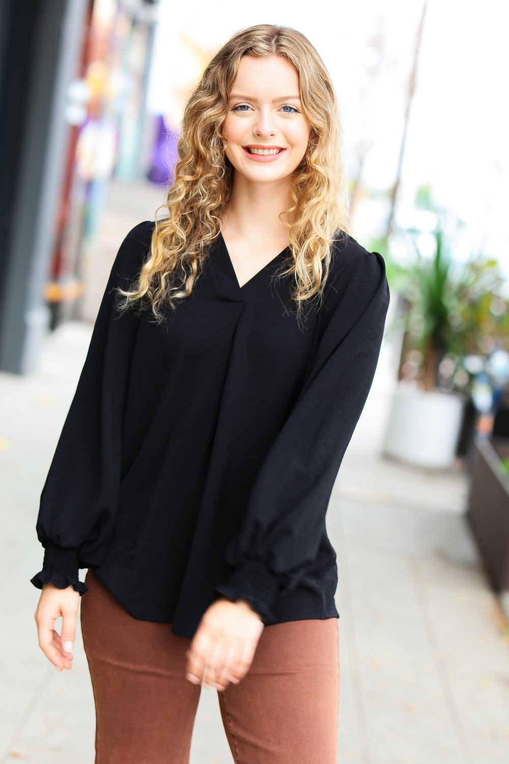 Feeling Bold Black Banded V Neck Smocked Top