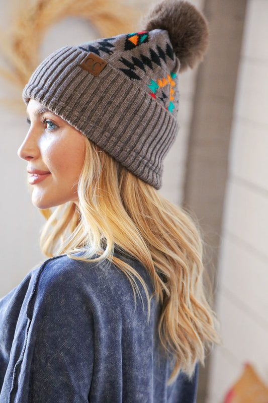 CC Exclusive Taupe Tribal Knit Beanie w/Pompom