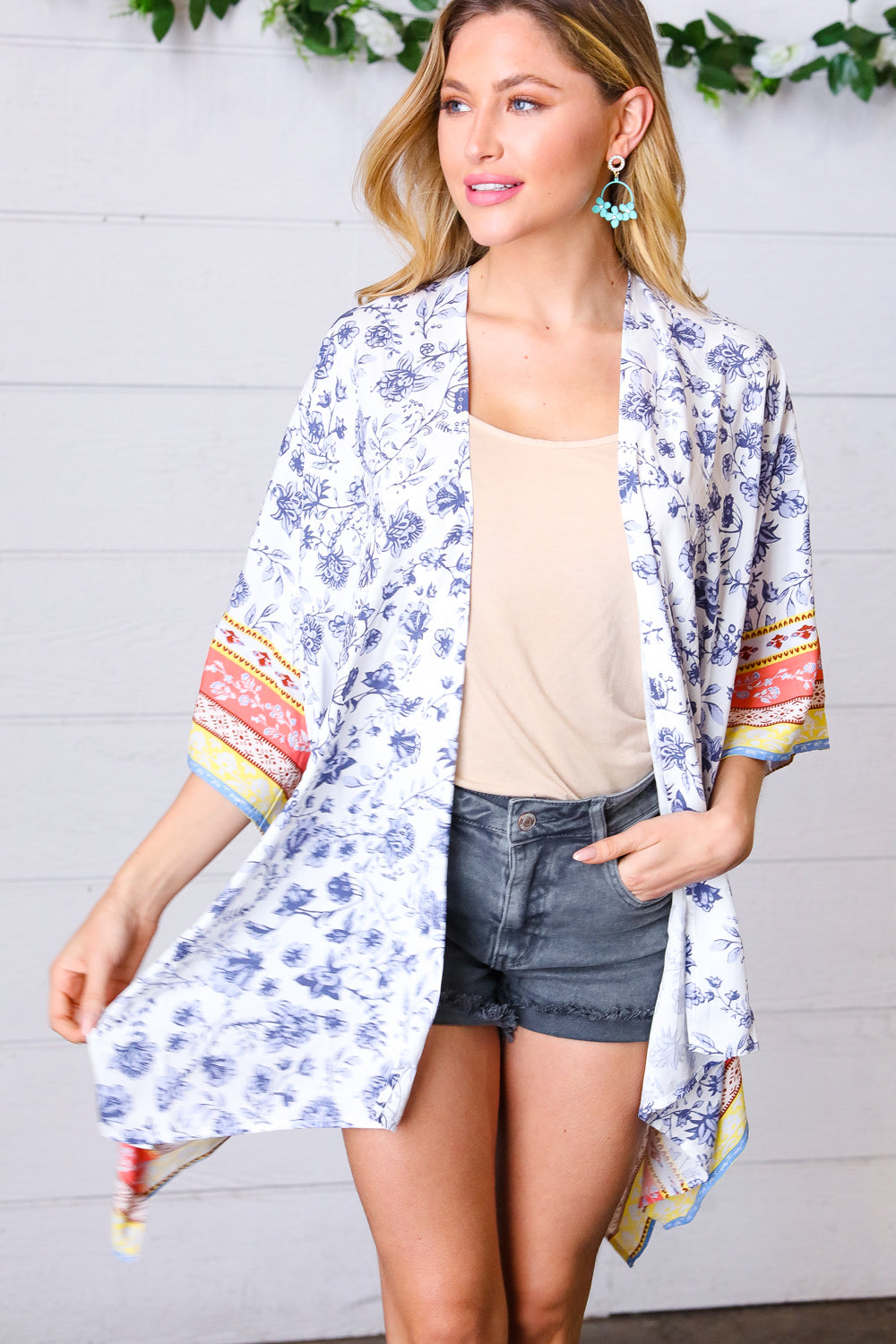 Boho Floral Border Print Rayon Poplin Kimono