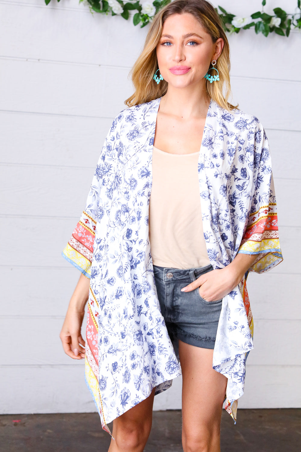 Boho Floral Border Print Rayon Poplin Kimono