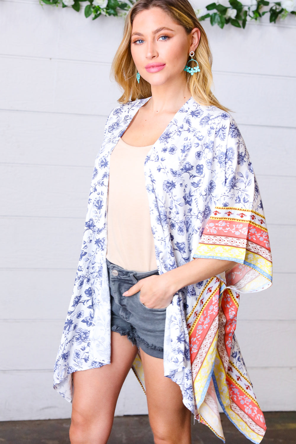 Boho Floral Border Print Rayon Poplin Kimono