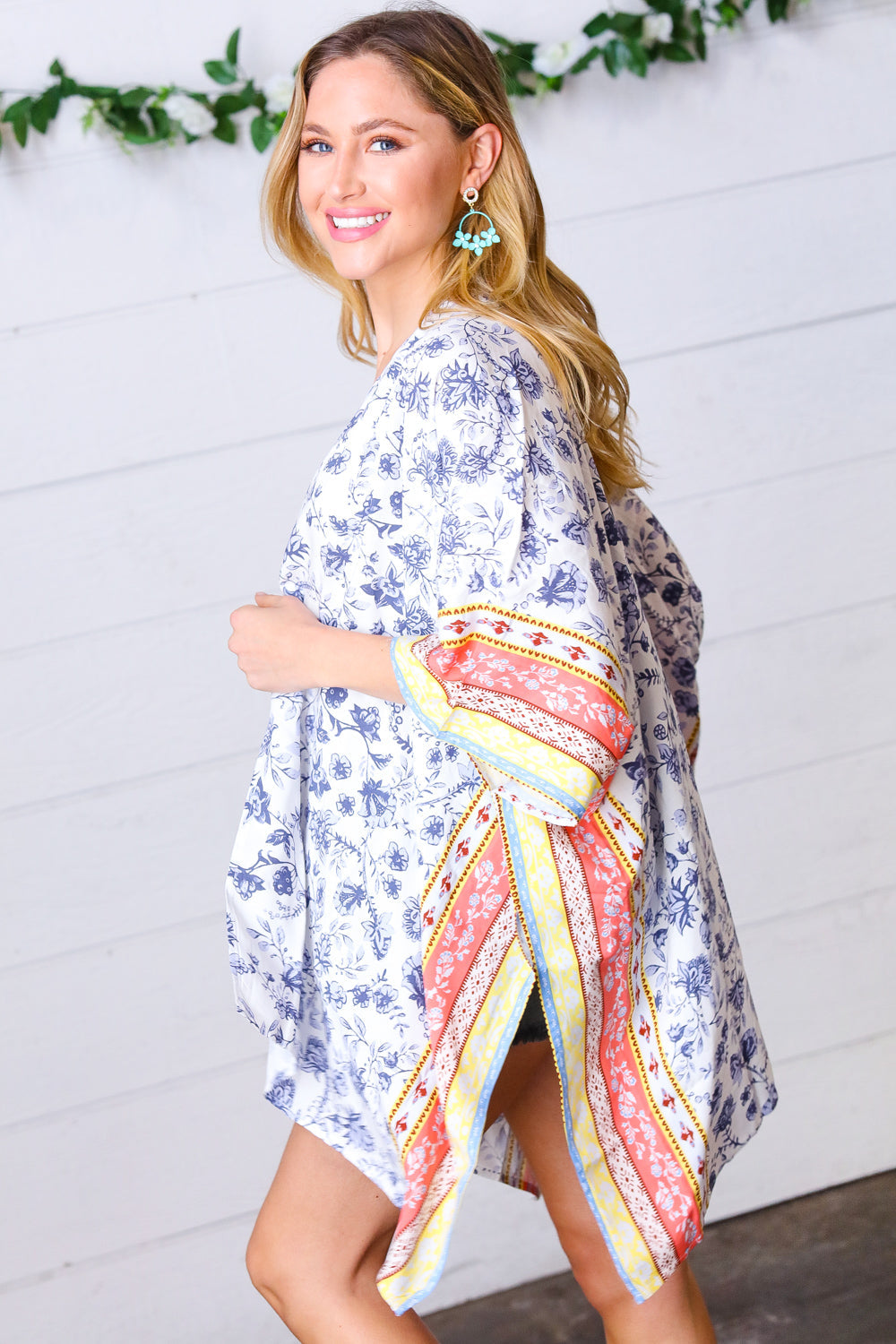 Boho Floral Border Print Rayon Poplin Kimono