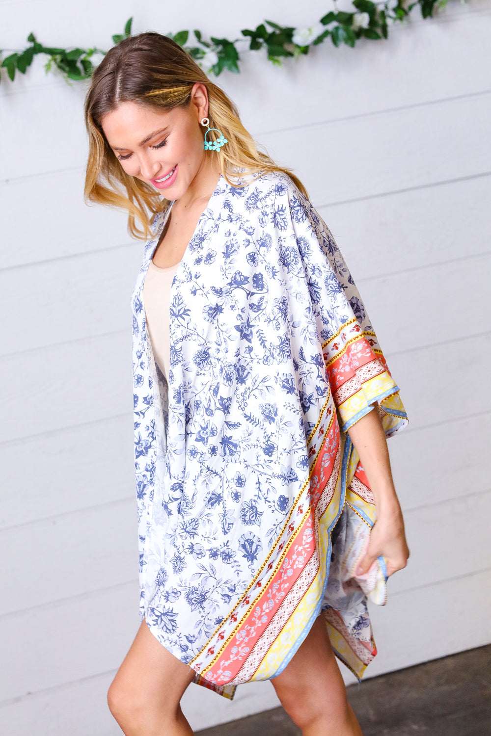 Boho Floral Border Print Rayon Poplin Kimono