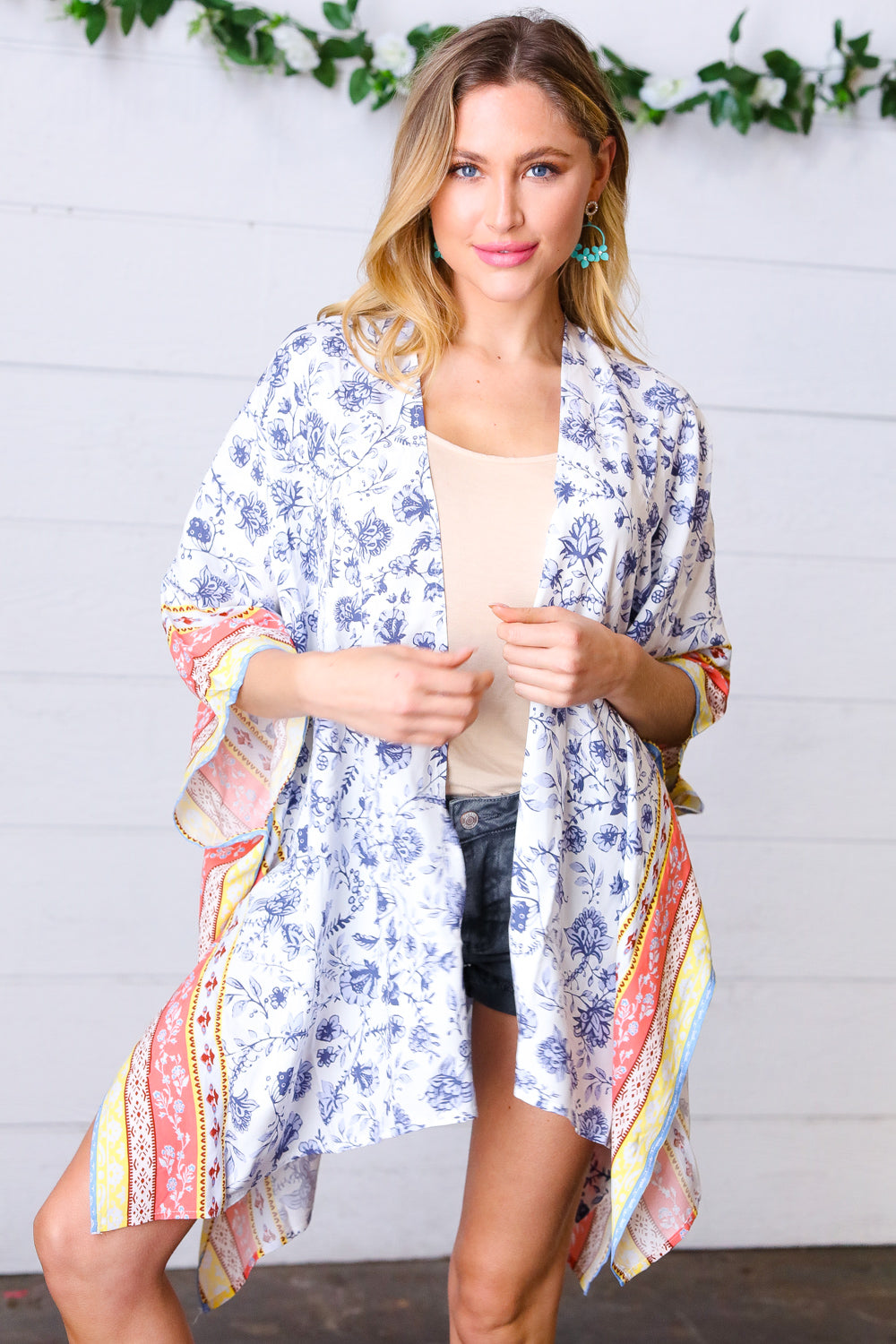 Boho Floral Border Print Rayon Poplin Kimono