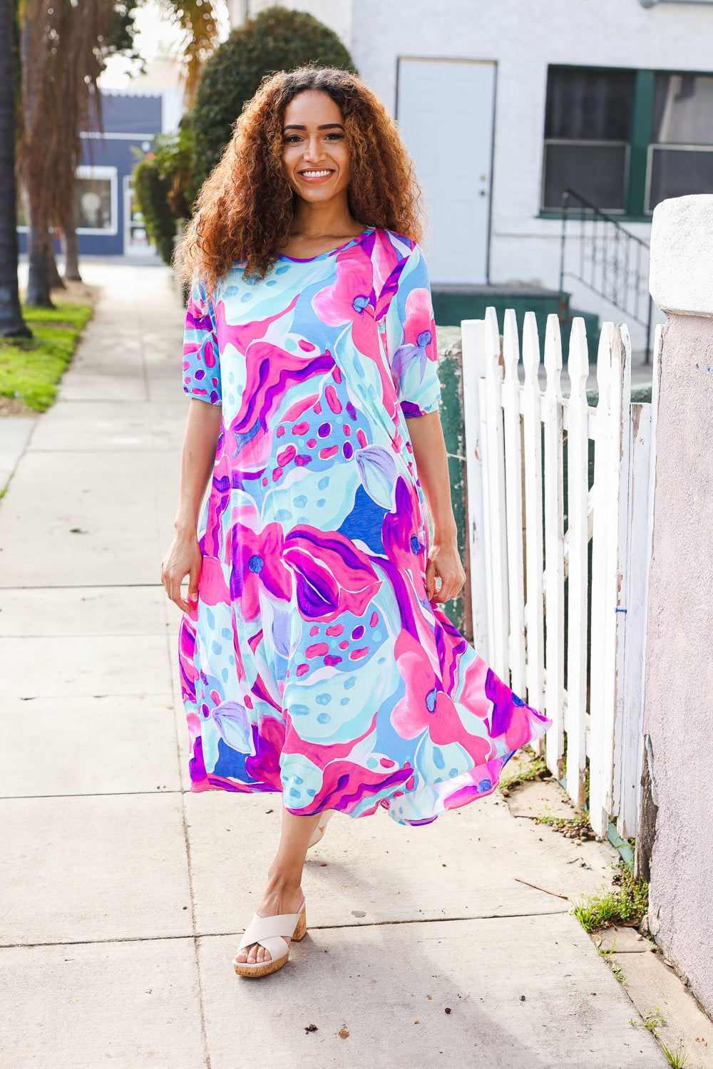 Chasing Dreams Blue & Fuchsia Floral Elastic Elbow Sleeve Midi Dress