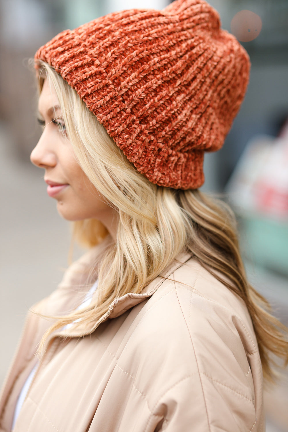 Rust Knit Velvet Chenille Fold Over Beanie