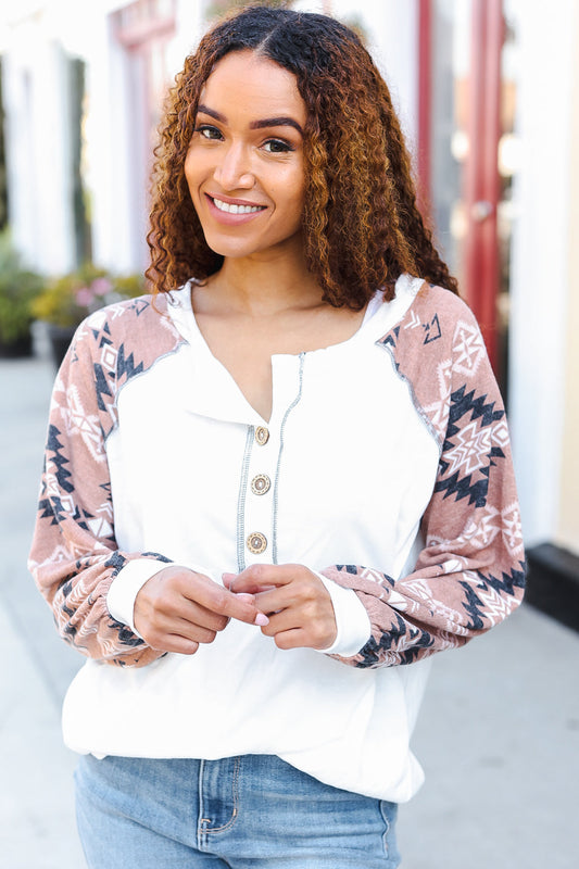 Casual Living Cream Aztec Print French Terry Henley Top