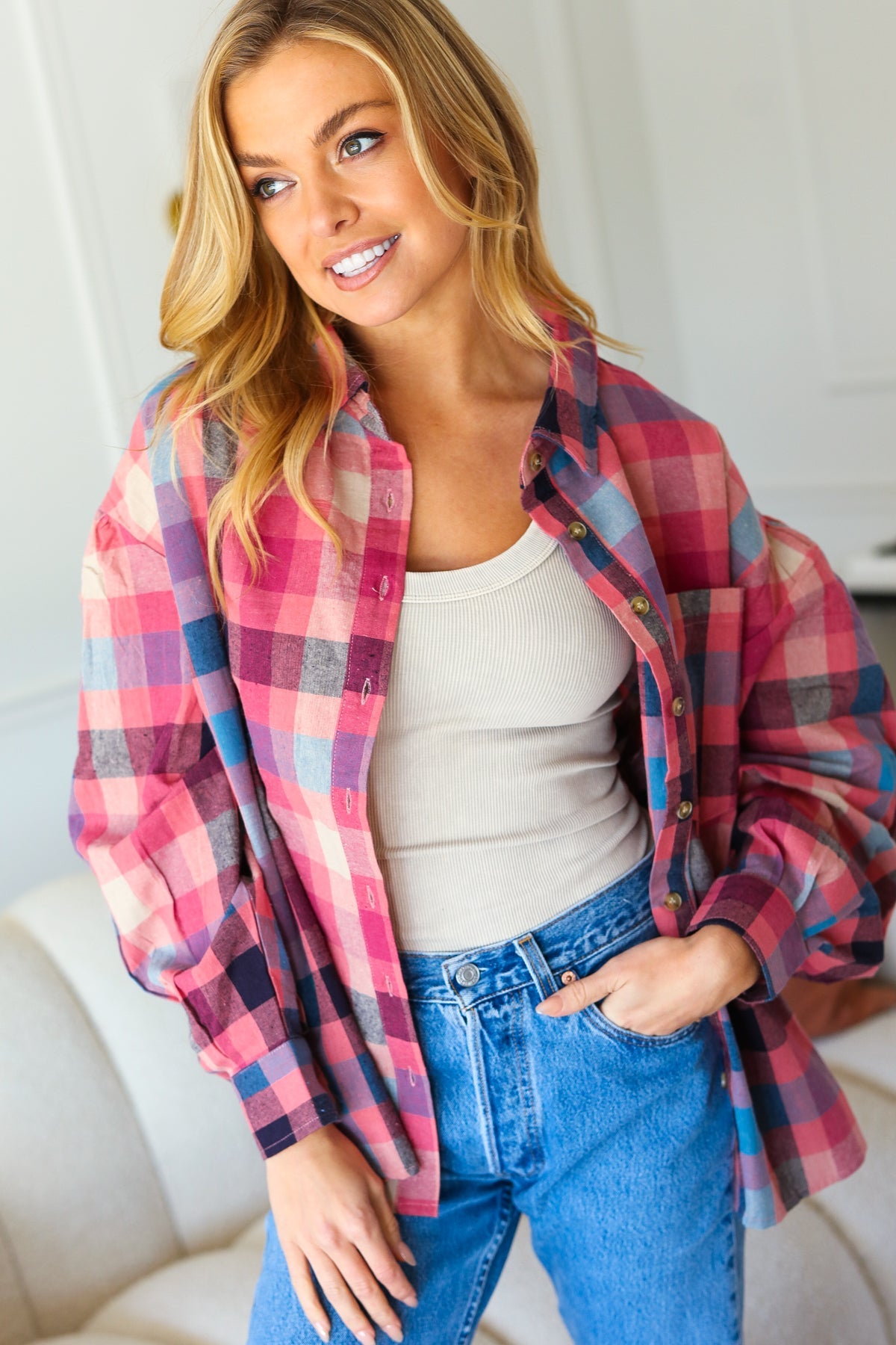 Check It Out Mauve Washed Plaid Button Up Top