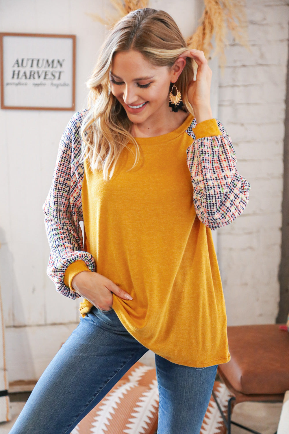 Mustard Hacci Multi Bubble Sleeve Raglan Top