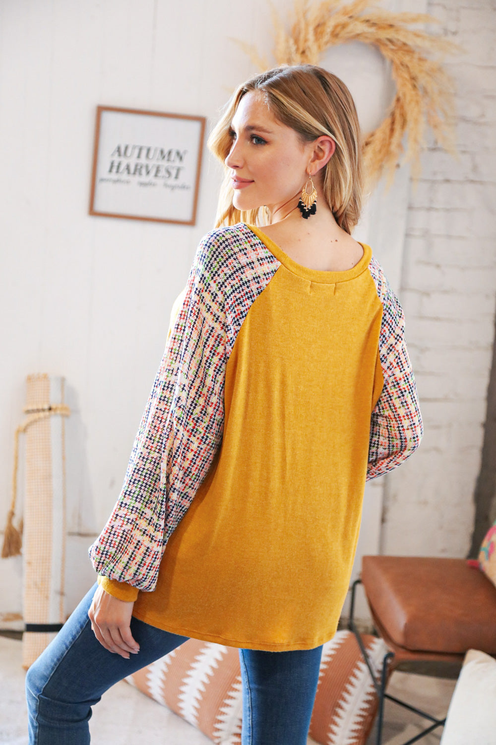 Mustard Hacci Multi Bubble Sleeve Raglan Top