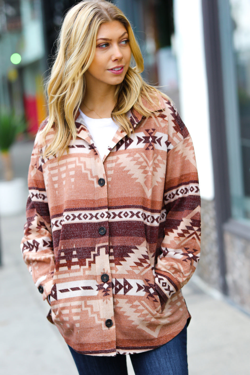 Beige & Brown Brushed Aztec Oversize Pocket Shacket